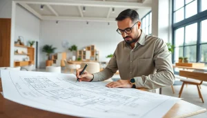 Residential architects for home renovation create innovative blueprints in a bright, modern design studio.