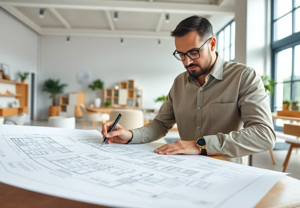 Residential architects for home renovation create innovative blueprints in a bright, modern design studio.