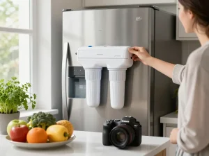 Replacing Waterdrop UKF8001 Refrigerator Water Filter 4 in a bright home kitchen filled with fresh produce, highlighting the importance of clean drinking water.