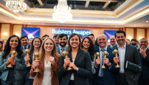 Celebrating construction awards with builders showcasing their achievements in a prestigious setting.