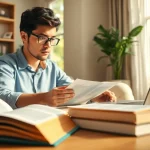 Engaged student studying for online exams help in a cozy home office setting.