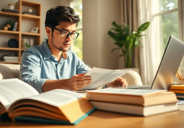 Engaged student studying for online exams help in a cozy home office setting.