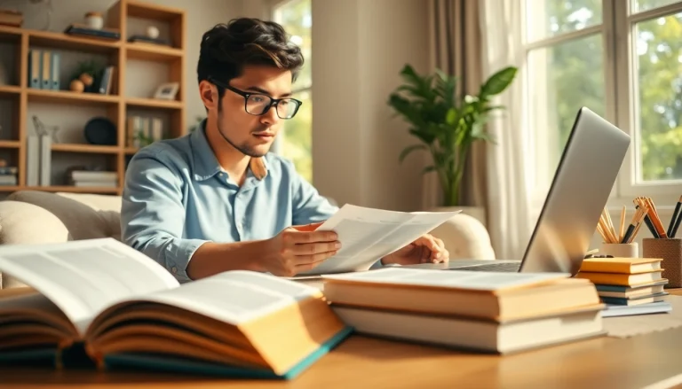 Engaged student studying for online exams help in a cozy home office setting.