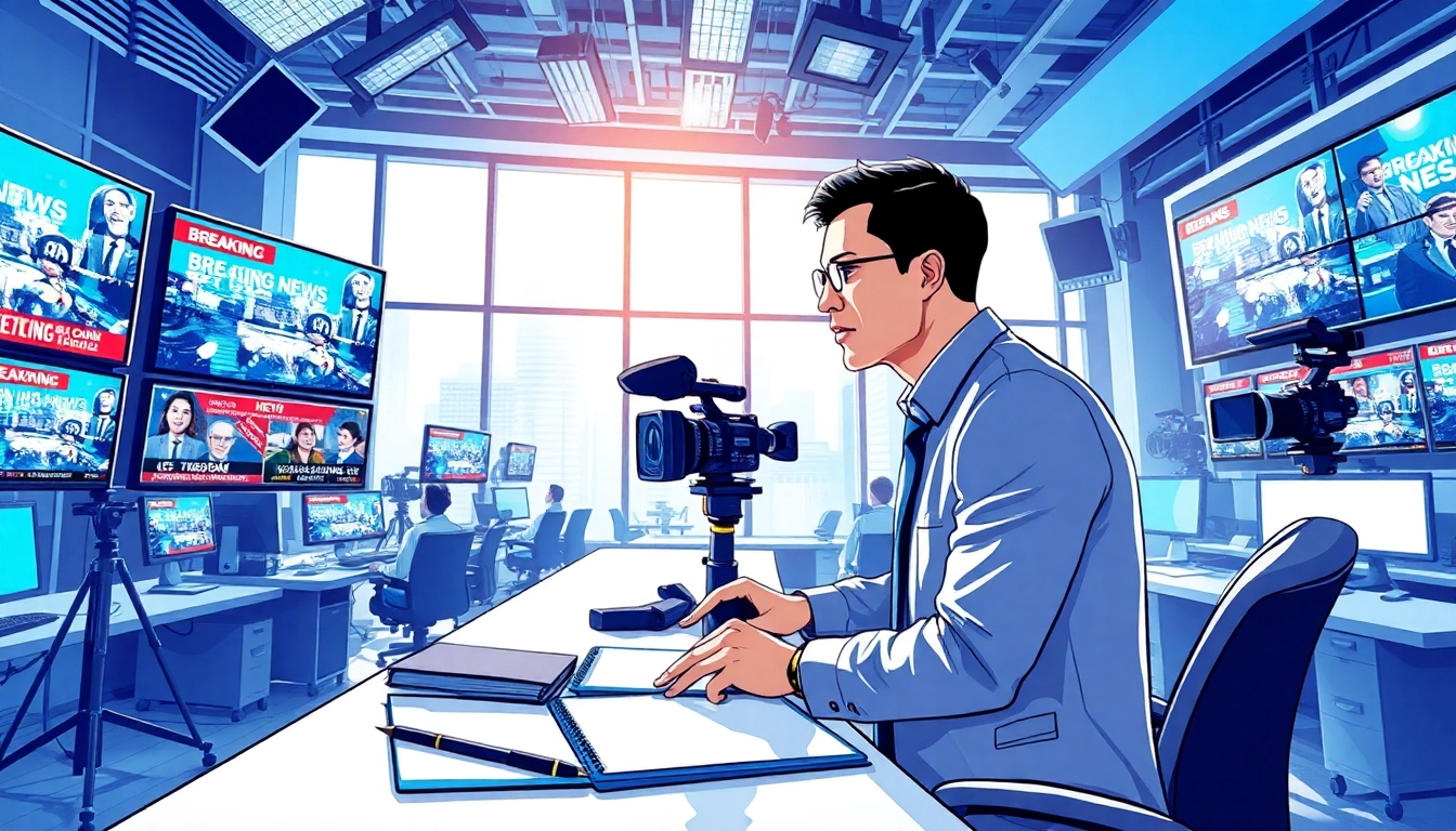 Journalist reporting the latest news in a modern newsroom environment.
